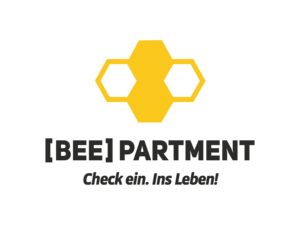 Gelbe Wabengrafik über dem Text: [BEE]PARTMENT Check ein. Ins Leben! auf weißem Hintergrund.
