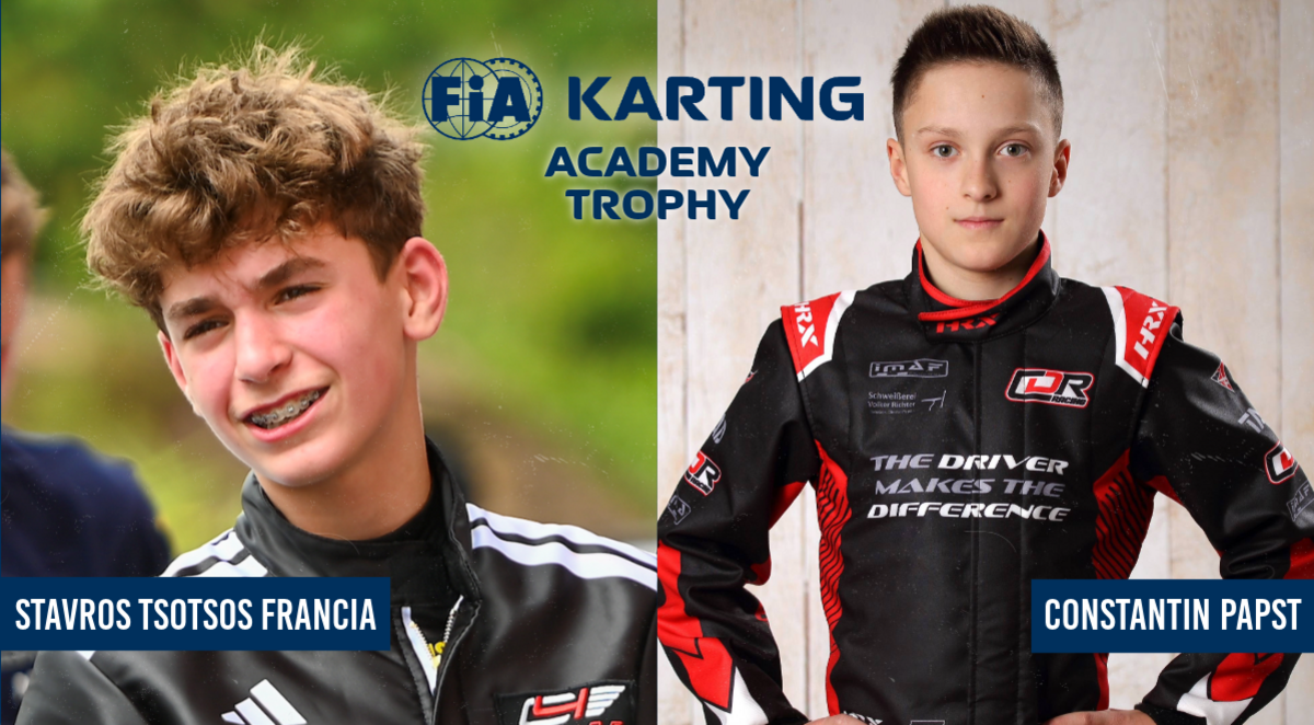 DMSB-Nominierung für die FIA Karting Academy Trophy 2026: Links Stavros Tsotsos Francia (13, Junior-Klasse), rechts Constantin Papst (14, Senior-Klasse). Im Zentrum dunkelblaues FIA-Karting-Academy-Trophy-Logo.