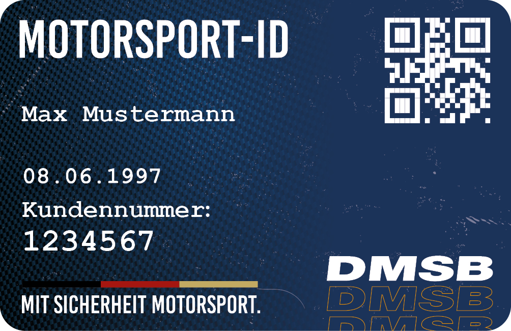 Eine Motorsport-ID-Karte mit Mustername, Geburtsdatum, Kundennummer und einem QR-Code auf blauem Hintergrund.