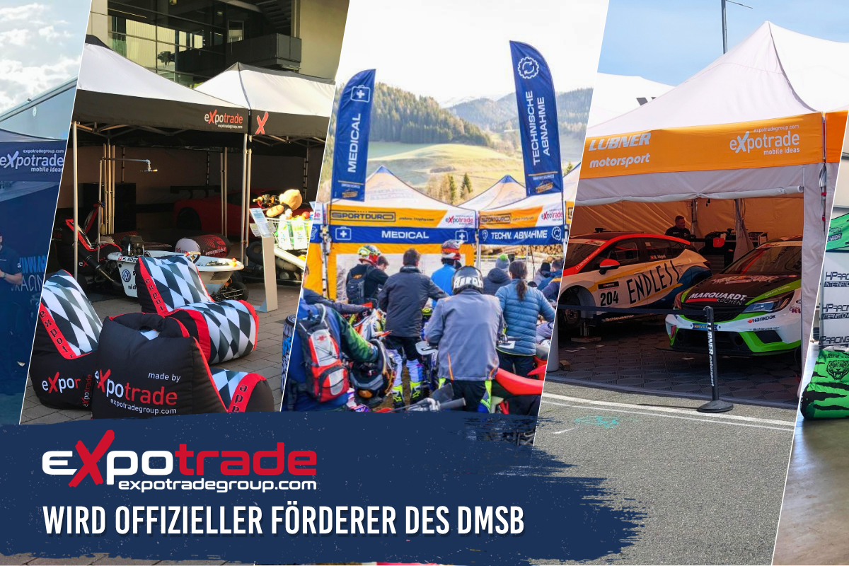 Banner mit mehreren Motorsport-Szenen und Expotrade-Faltsystemen im Einsatz bei Veranstaltungen, darunter Paddock-Zelte, Sponsorenwände und Fahrerbereiche.