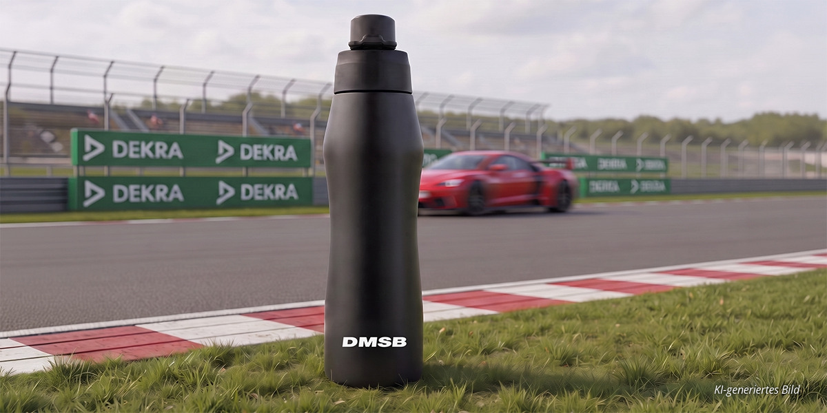 DMSB x DEKRA Trinkflaschen am DTM-Finale 2026 am Hockenheimring Schwarze DMSB-Trinkflasche auf einer Rennstrecke mit rotem Rennwagen und DEKRA-Werbung im Hintergrund.