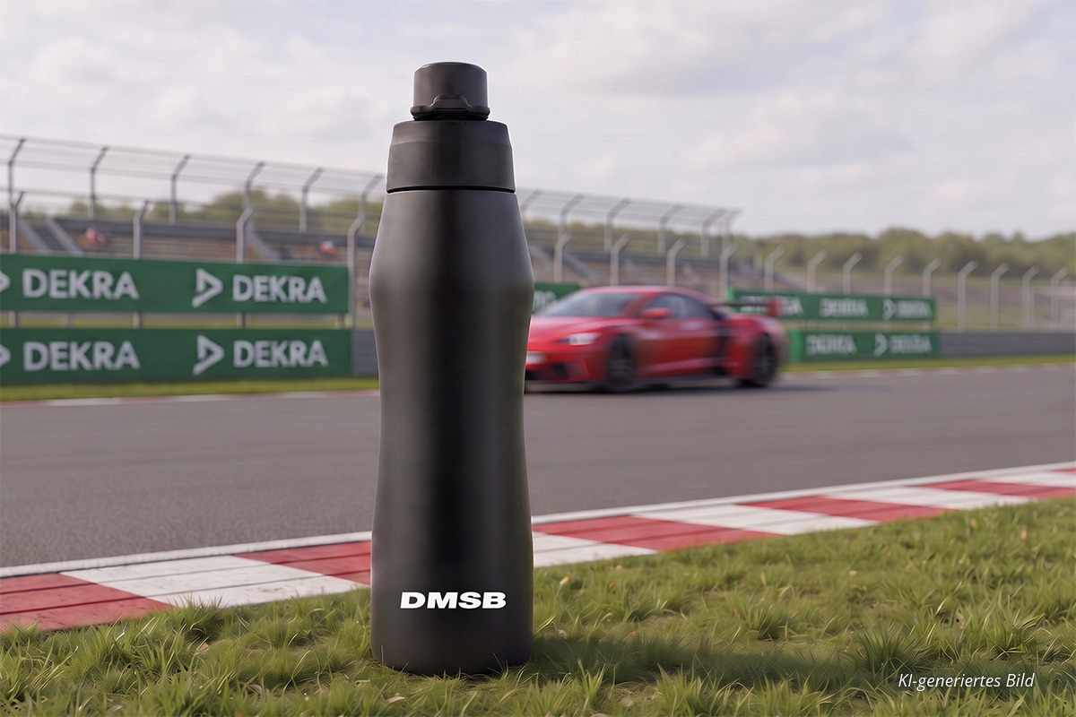 DMSB x DEKRA Trinkflaschen am DTM-Finale 2026 am Hockenheimring Schwarze DMSB-Trinkflasche auf einer Rennstrecke mit rotem Rennwagen und DEKRA-Werbung im Hintergrund.